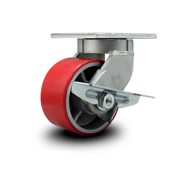 6 Inch Extra Heavy Duty Red Poly on Cast Iron Wheel Swivel Caster with Brake